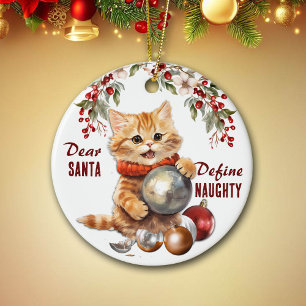 Funny Yellow Kitten Define Naughty Christmas Ceramic Tree Decoration