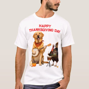 Funny Yellow Lab Playing Banjo and Turkey Happy Th T-Shirt