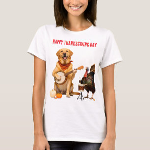 Funny Yellow Lab Playing Banjo and Turkey Happy Th T-Shirt