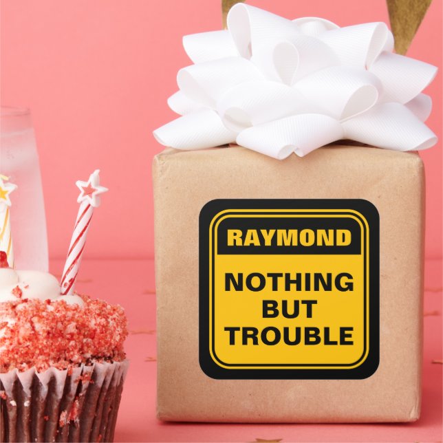 Funny yellow nothing but trouble caution sign  squ square sticker (Party)