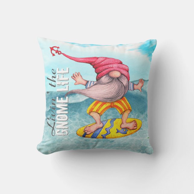 Funny Yellow Red Surfing Gnome Summer Waves Cushion (Front)