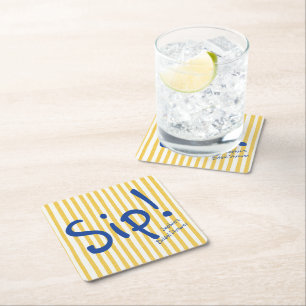Funny Yellow Stripe Bold Blue Sip Bridal Shower Square Paper Coaster