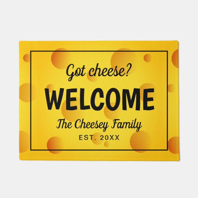 Funny yellow swiss cheese family welcome doormat (Front)