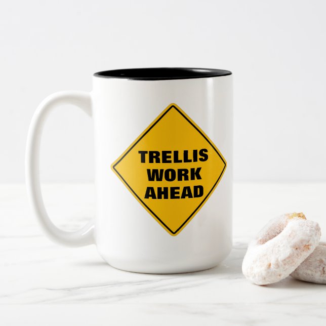 Funny yellow trellis work ahead caution road sign  Two-Tone coffee mug (With Donut)