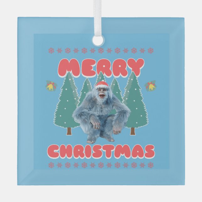 Funny Yeti - Merry Christmas Glass Tree Decoration (Front)