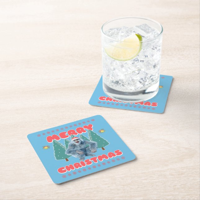Funny Yeti - Merry Christmas Square Paper Coaster (Insitu)