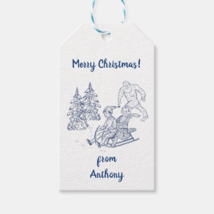 Funny Yeti Monsters Antique Winter Toile Pattern Gift Tags