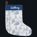 Funny Yeti Monsters Antique Winter Toile Pattern Small Christmas Stocking<br><div class="desc">Antique style graphics meet cryptozoology in this fun winter toile style pattern. Children out playing in the snow building snowman and riding sleighs in antique style clothing have a traditional toile look, but they're not alone. Yetis roam through this winter landscape as well. The illustrations are in navy blue set...</div>