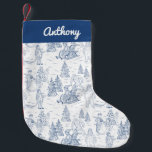 Funny Yeti Monsters Antique Winter Toile Pattern Small Christmas Stocking<br><div class="desc">Antique style graphics meet cryptozoology in this fun winter toile style pattern. Children out playing in the snow building snowman and riding sleighs in antique style clothing have a traditional toile look, but they're not alone. Yetis roam through this winter landscape as well. The illustrations are in navy blue set...</div>