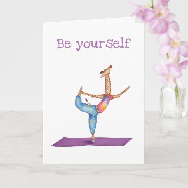 Funny yoga giraffe 'Be yourself' card (Orchid)