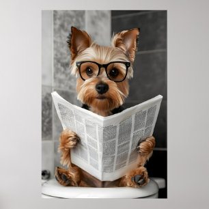 Funny Yorkie Bathroom Print, Reading Newspaper Poster