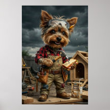 Funny Yorkie Construction Worker Poster – Playful 