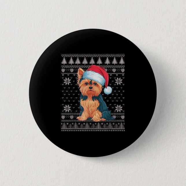 Funny Yorkie Dog Ugly Christmas Sweater Santa Xmas 6 Cm Round Badge (Front)