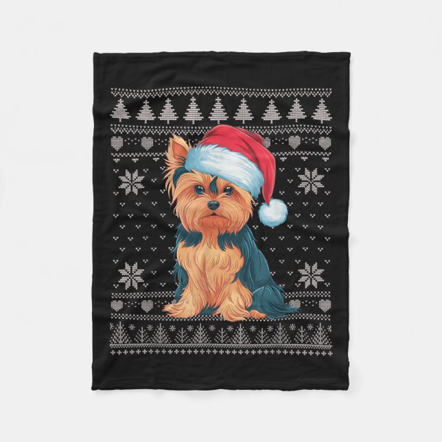 Funny Yorkie Dog Ugly Christmas Sweater Santa Xmas Fleece Blanket (Front)