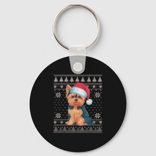 Funny Yorkie Dog Ugly Christmas Sweater Santa Xmas Key Ring (Front)