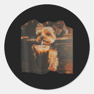 Funny Yorkie Drinking Iced Coffee Cute Dog Meme Classic Round Sticker