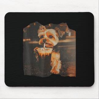 Funny Yorkie Drinking Iced Coffee Cute Dog Meme Mouse Mat