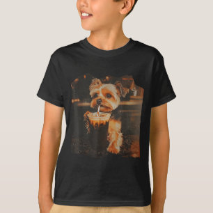 Funny Yorkie Drinking Iced Coffee Cute Dog Meme T-Shirt