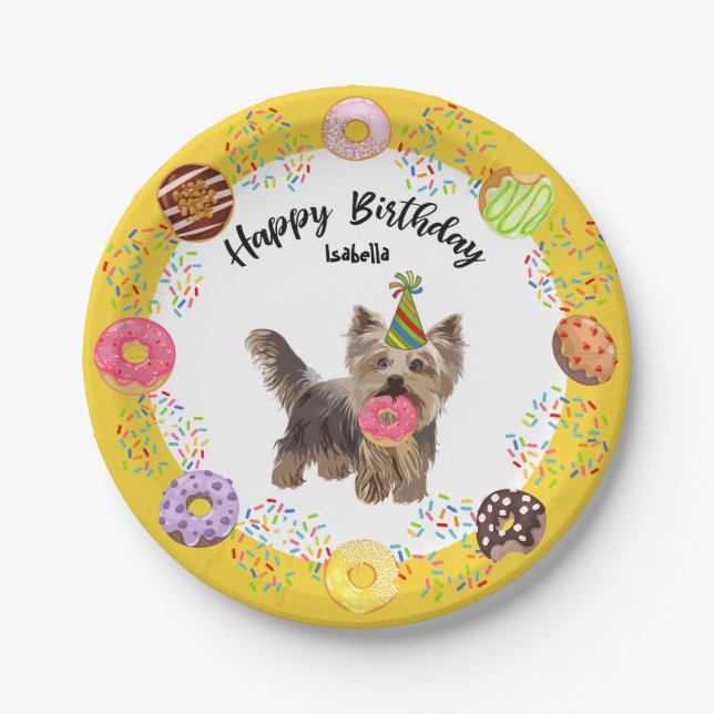 Funny Yorkshire Terrier Dog Doughnuts Birthday Par Paper Plate (Front)