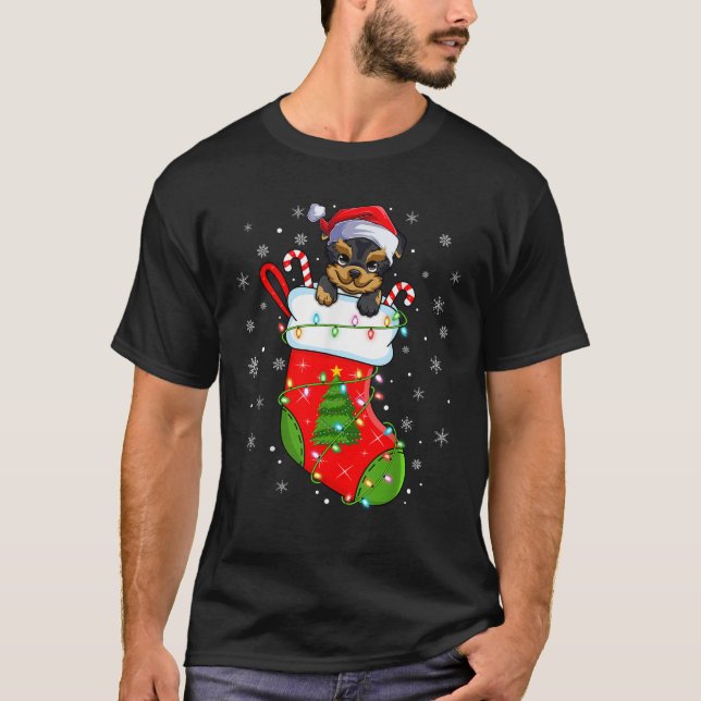 Funny Yorkshire Terrier Dog In Christmas Socks Lig T-Shirt (Front)