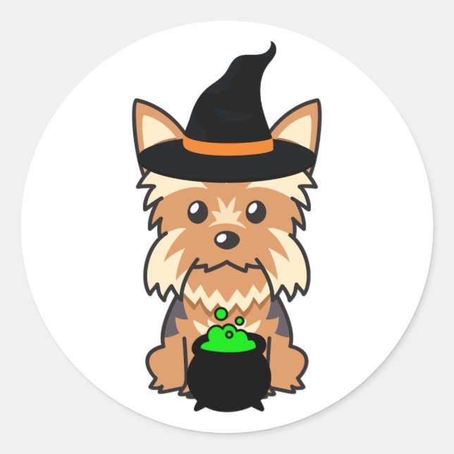 Funny yorkshire terrier dog is a witch classic round sticker (Front)