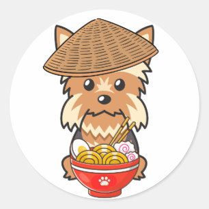 Funny yorkshire terrier is eating noodles classic round sticker