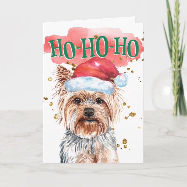Funny Yorkshire terrier Santa hat yappy howlidays Holiday Card (Front)