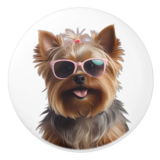 Funny Yorkshire Terrier With Sunglasses Ceramic Knob