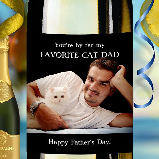 Funny Your Photo Cat Dad Father's Day Wine Label (Wine label featuring your own photo framed by a minimalist black design and your custom (funny) text)