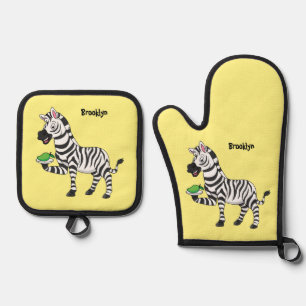 Funny zebra cartoon illustration oven mitt & pot holder set
