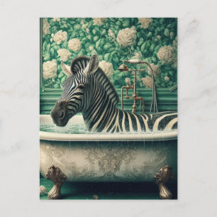 Funny Zebra in a Bathtub Floral Bathroom Postcard