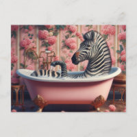 Funny Zebra in a Bathtub Pink Floral Bathroom