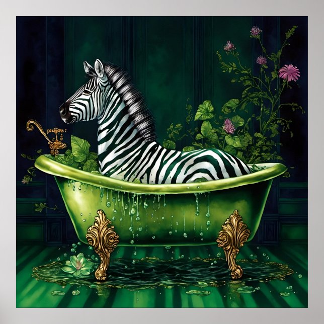 Funny Zebra in a Green Bathtub Poster (Front)