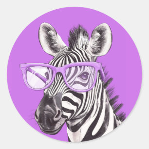 Funny Zebra Round Sticker with Purple Glasses