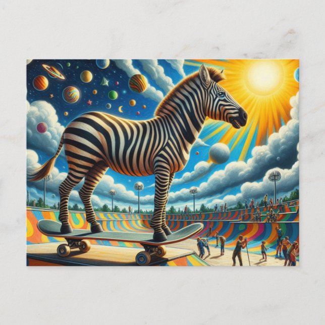 Funny Zebra Skateboarding Surreal Colourful Postcard (Front)