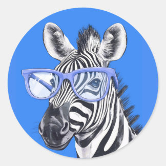 Funny Zebra with Blue Glasses | Cute Classic Round Sticker