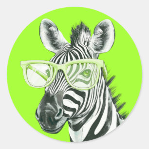 Funny Zebra with Green Glasses Cute Classic Round Sticker