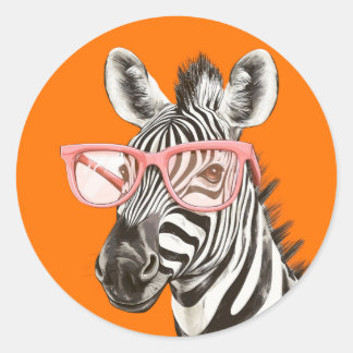 Funny Zebra with Orange Glasses | Cute Classic Round Sticker
