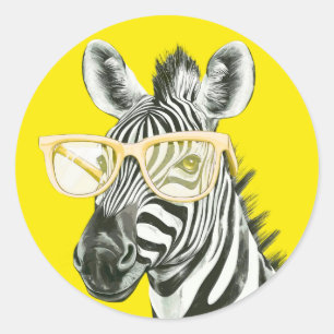 Funny Zebra with Yellow Glasses Cute Classic Round Sticker