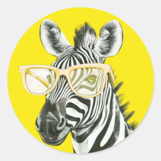 Funny Zebra with Yellow Glasses | Cute Classic Round Sticker