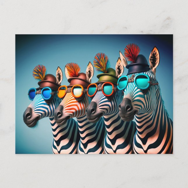 Funny Zebras Cute Zoo Animals Party Hats Glasses Postcard (Front)