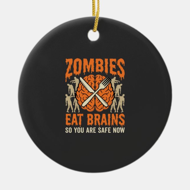 Funny Zombie Eat Brains Halloween Vector Design Ceramic Tree Decoration (Front)