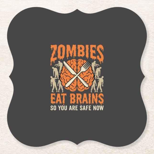 Funny Zombie Eat Brains Halloween Vector Design Paper Coaster (Front)