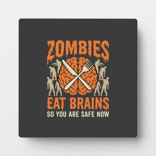 Funny Zombie Eat Brains Halloween Vector Design Plaque (Front)