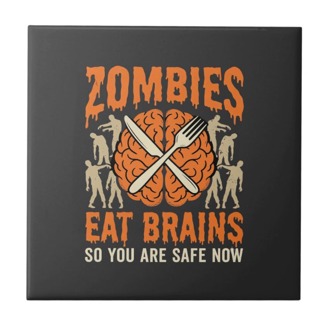 Funny Zombie Eat Brains Halloween Vector Design Tile (Front)