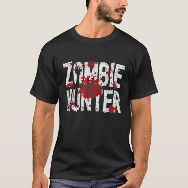 Funny Zombie Hunter Halloween Costume Blood Splatt T-Shirt (Front)