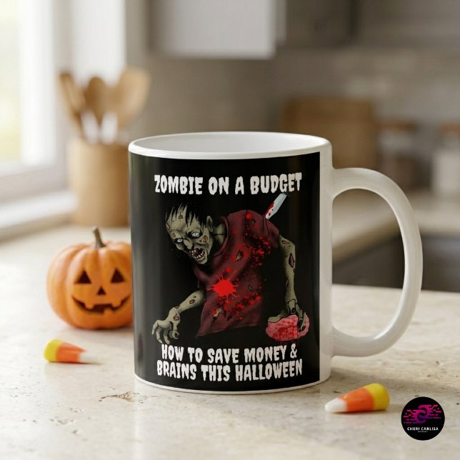 Funny Zombie On A Budget Halloween Coffee Mug (Caffeine budget intact. Brain budget questionable. ☕🧟‍♂️)