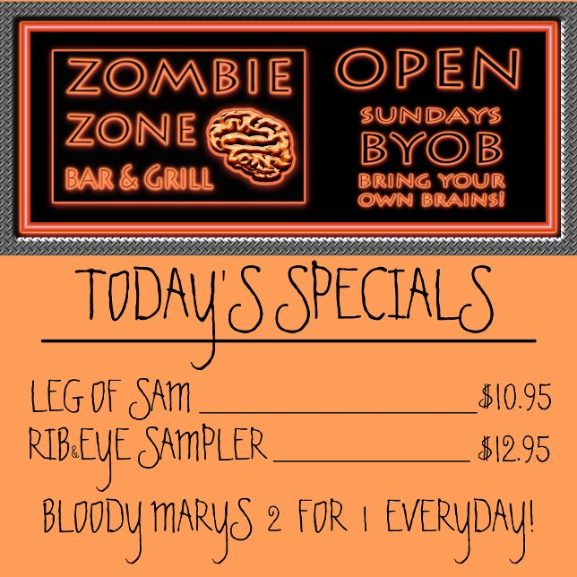 Funny Zombie Zone BYOB Bring Your Own Brains Poster (Zombie Zone Menu Halloween Poster)