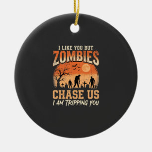 Funny Zombies Halloween Chase Us Design Ceramic Tree Decoration
