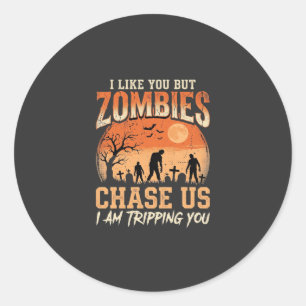 Funny Zombies Halloween Chase Us Design Classic Round Sticker